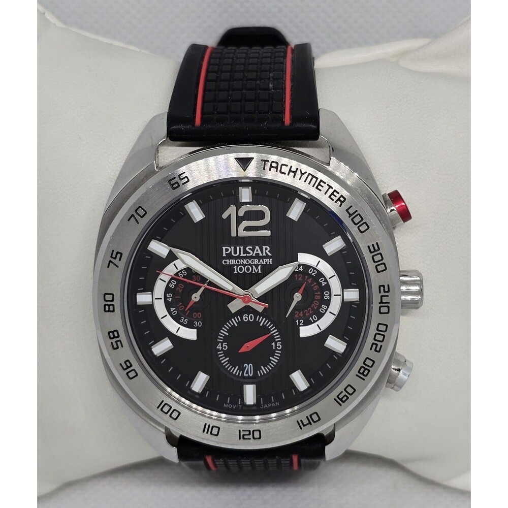Men's Pulsar Chronograph Silver Black Red Silicone Strap Watch 14